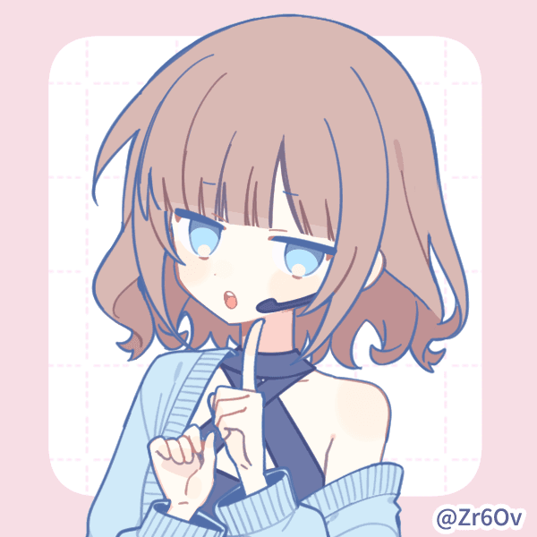 Anime-style illustration of a character with brown hair and large blue eyes, sipping a drink through a straw with a shush expression, wearing a blue sweater against a pink background.