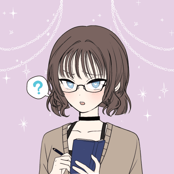 An anime-style illustration of a character with shoulder-length wavy brown hair, blue eyes behind black-rimmed glasses, wearing a beige cardigan over a white top with a black choker. They are holding a blue book and pen, with a question mark speech bubble above their head. The background is pastel purple with decorative white sparkles and chain patterns.