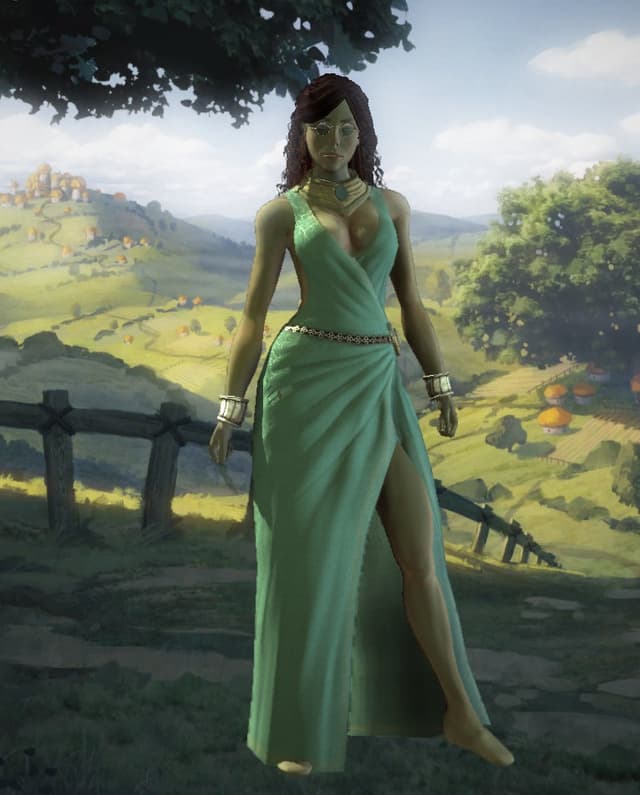 Digital illustration of a female character in a flowing teal dress standing on a hillside overlooking a fantasy landscape with distant buildings and fields.