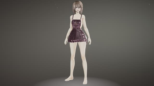 3D render of an anime-style character with pale skin and light hair, wearing a short purple dress with a textured pattern, standing against a plain gray background.