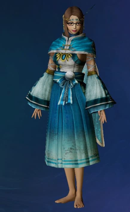 A 3D rendered video game character wearing an ornate turquoise and white dress with bell sleeves and a matching cape. The outfit features intricate trim details, a bow at the waist, and layered fabric elements. The character wears round glasses and has brown hair styled in a neat bob cut. The character is shown barefoot against a dark blue background.