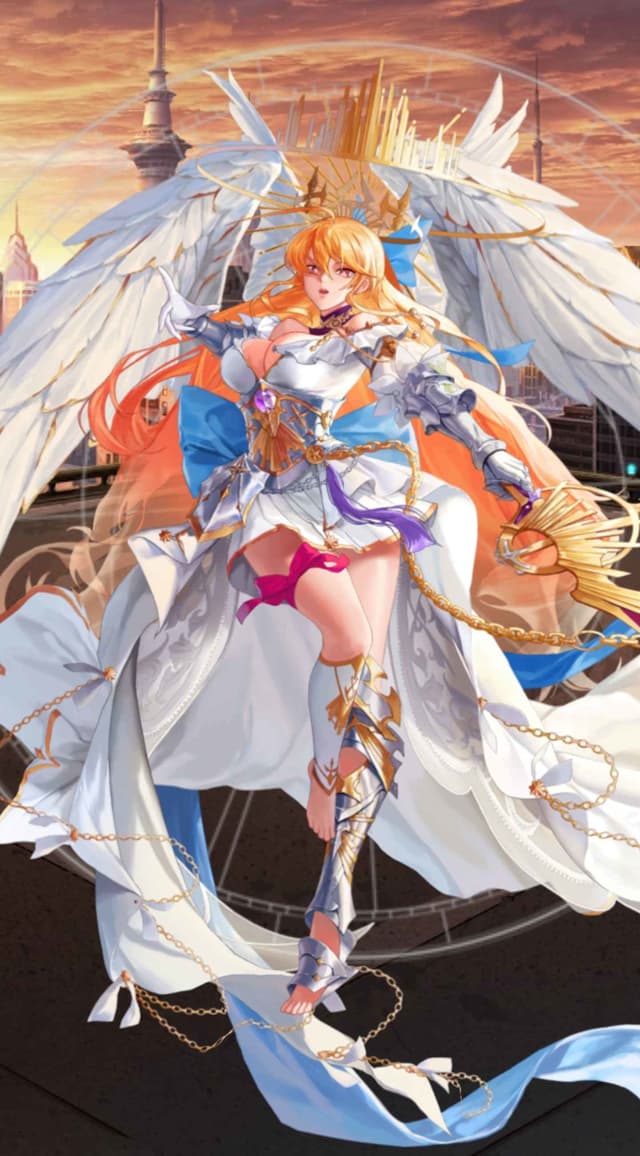 A detailed anime-style illustration of an angelic warrior character against a sunset cityscape background. The character has long blonde hair and wears elaborate white and gold armor with flowing white robes accented by blue and orange fabrics. She has multiple large white wings spread dramatically behind her and wears a golden crown-like headpiece. Golden chains float decoratively around her dress and armor. She's depicted in a dynamic pose with futuristic city towers and a reddish-orange sky visible in the background. The artwork combines elements of fantasy and sci-fi, with ornate details in the character's costume and architectural elements of the setting.