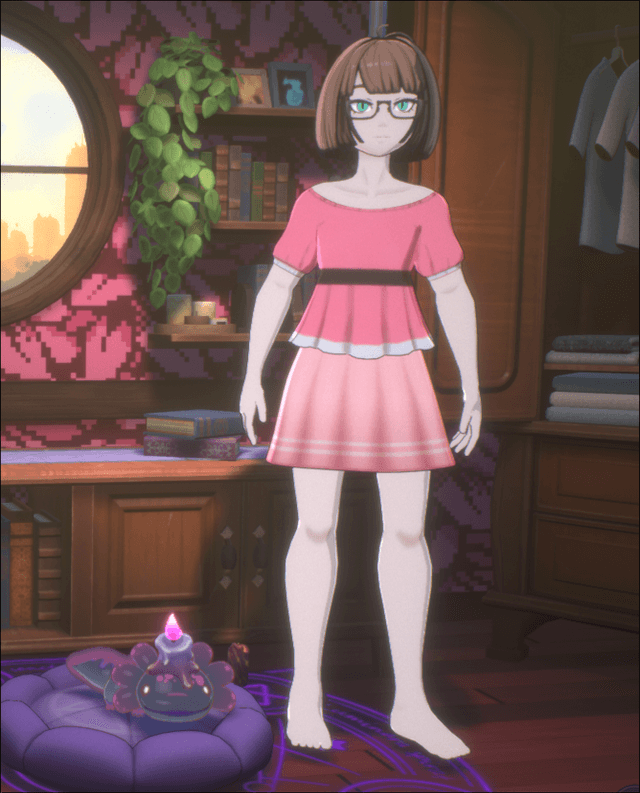 3D render of an anime-style character in a cozy room. The character wears a pink dress, glasses, and has short brown hair. The room features a round window, bookshelves, plants, and a purple cushion with a cat-shaped teapot. The scene has a warm, soft lighting.